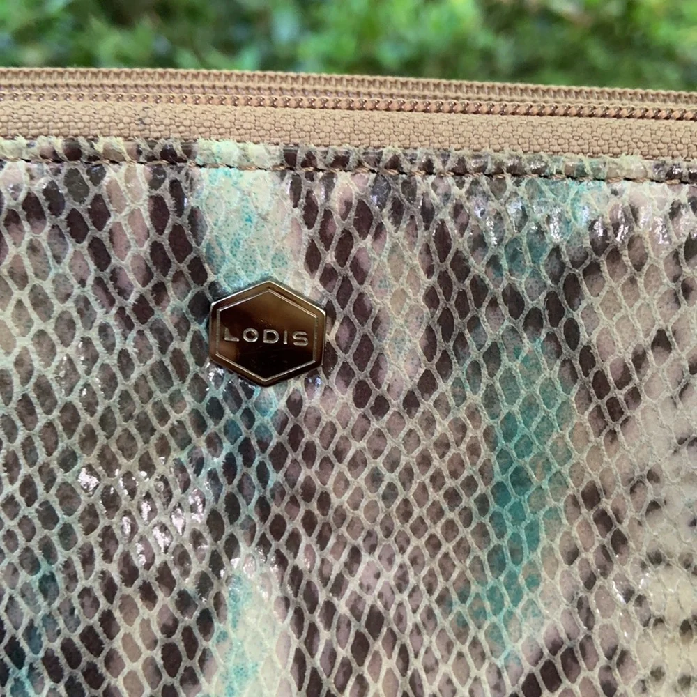 Lodis Snake-Print Laptop Bag in Cream, Brown & Teal